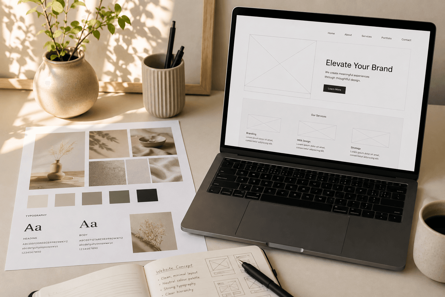 Brand guidelines booklet open to a colour palette page beside a MacBook showing a logo